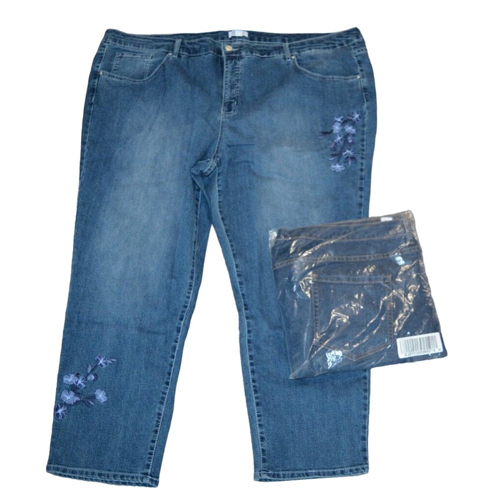 2 Denim & Co Reg Slim Leg Ankle Jeans w/Embroidery PLUS 28W